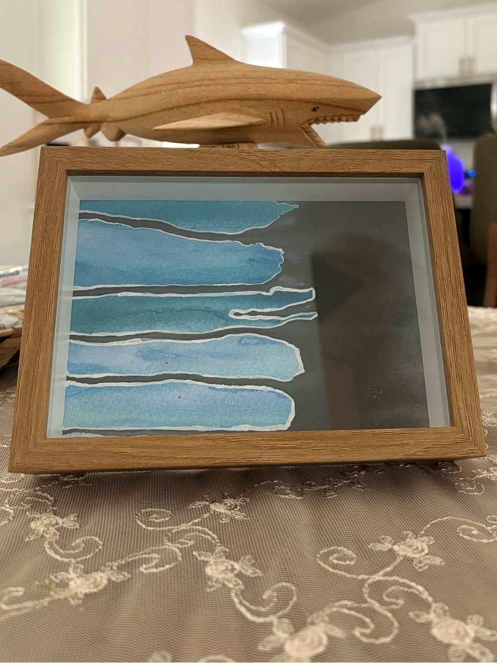 Wooden Framed original water color Blue Abstract with black and white drip.